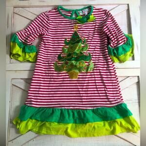 Magical seasons green Christmas tree sparkle red white striped ruffle dress 4/5